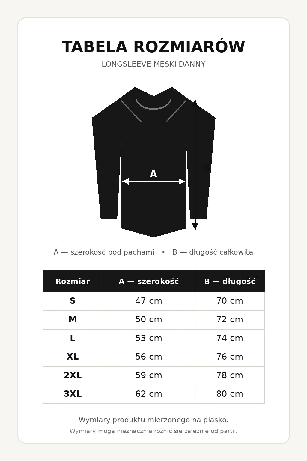 Tabela rozmiarów czarnego longsleeve’a męskiego DANNY S–3XL