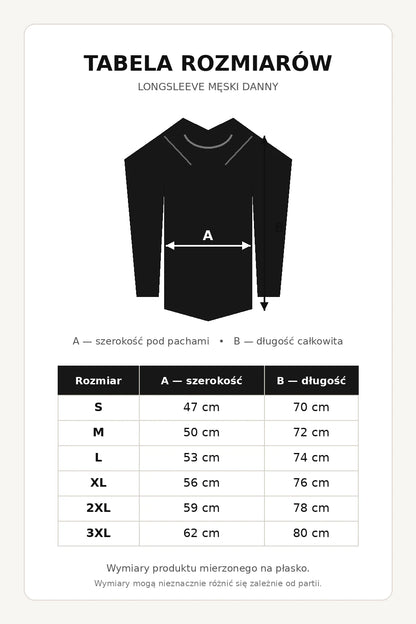 Tabela rozmiarów czarnego longsleeve’a męskiego DANNY S–3XL