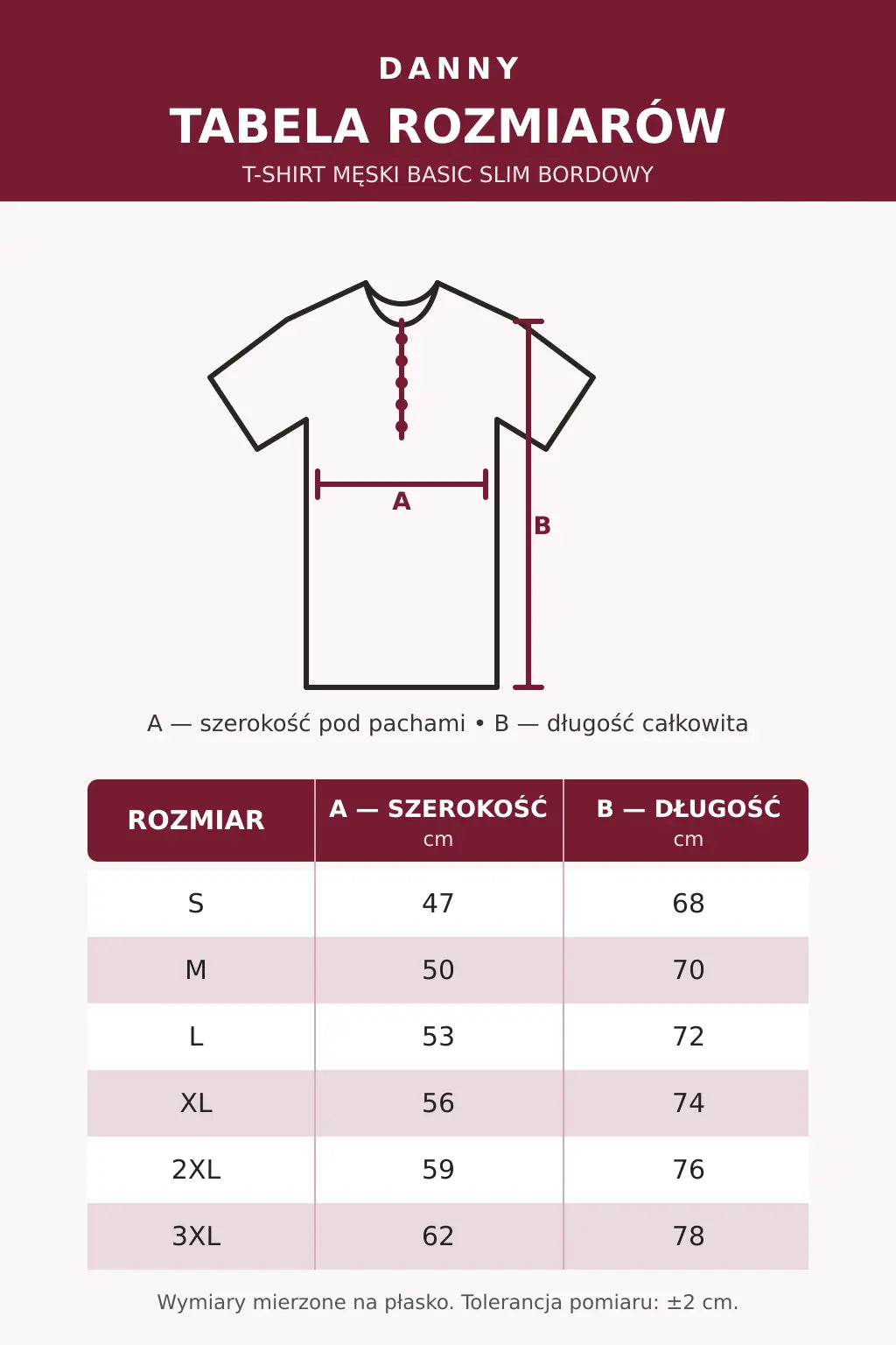 Tabela rozmiarów bordowego T-shirtu męskiego Basic Slim DANNY