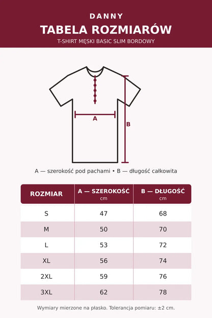 Tabela rozmiarów bordowego T-shirtu męskiego Basic Slim DANNY