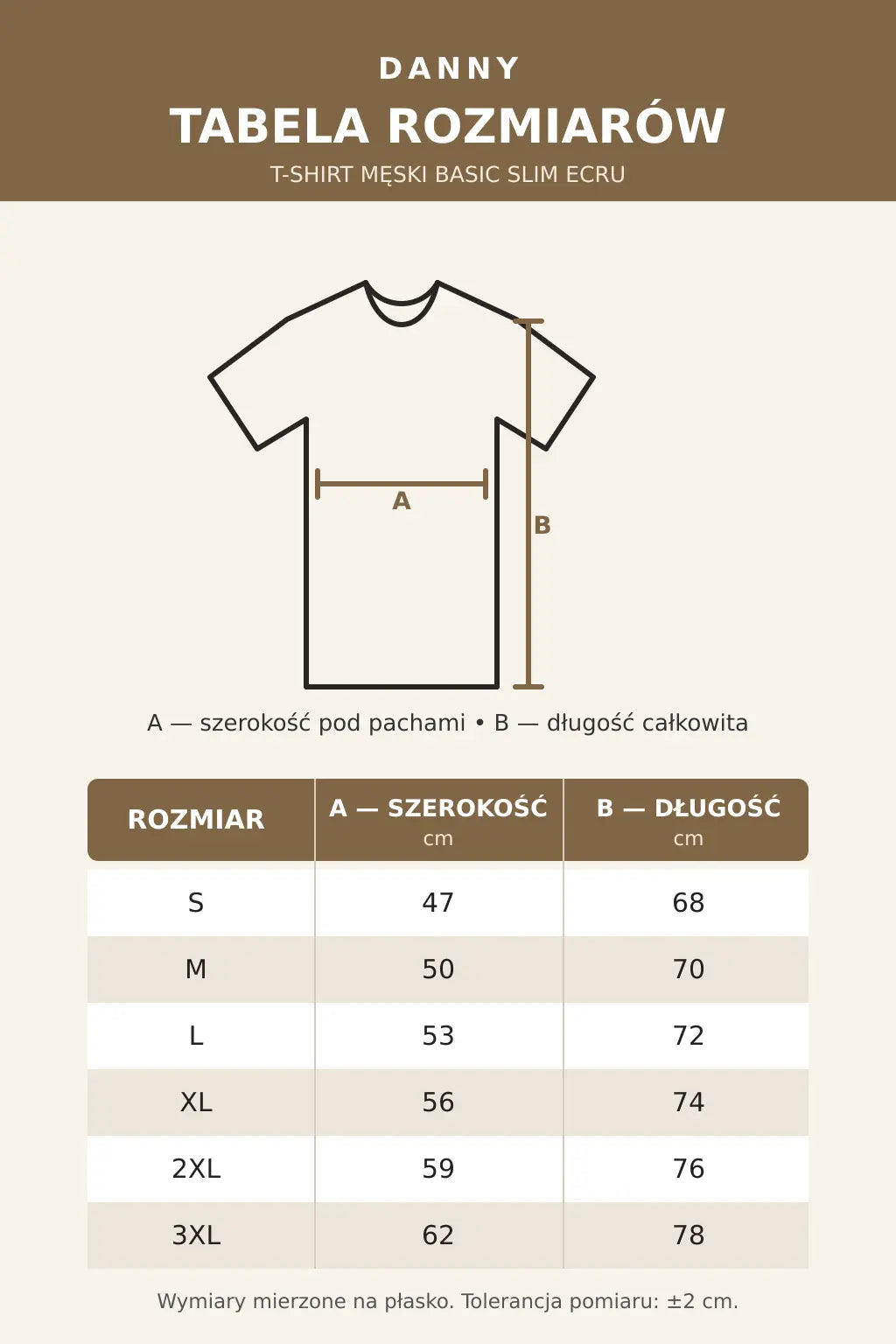 Tabela rozmiarów T-shirtu męskiego Basic Slim ECRU DANNY