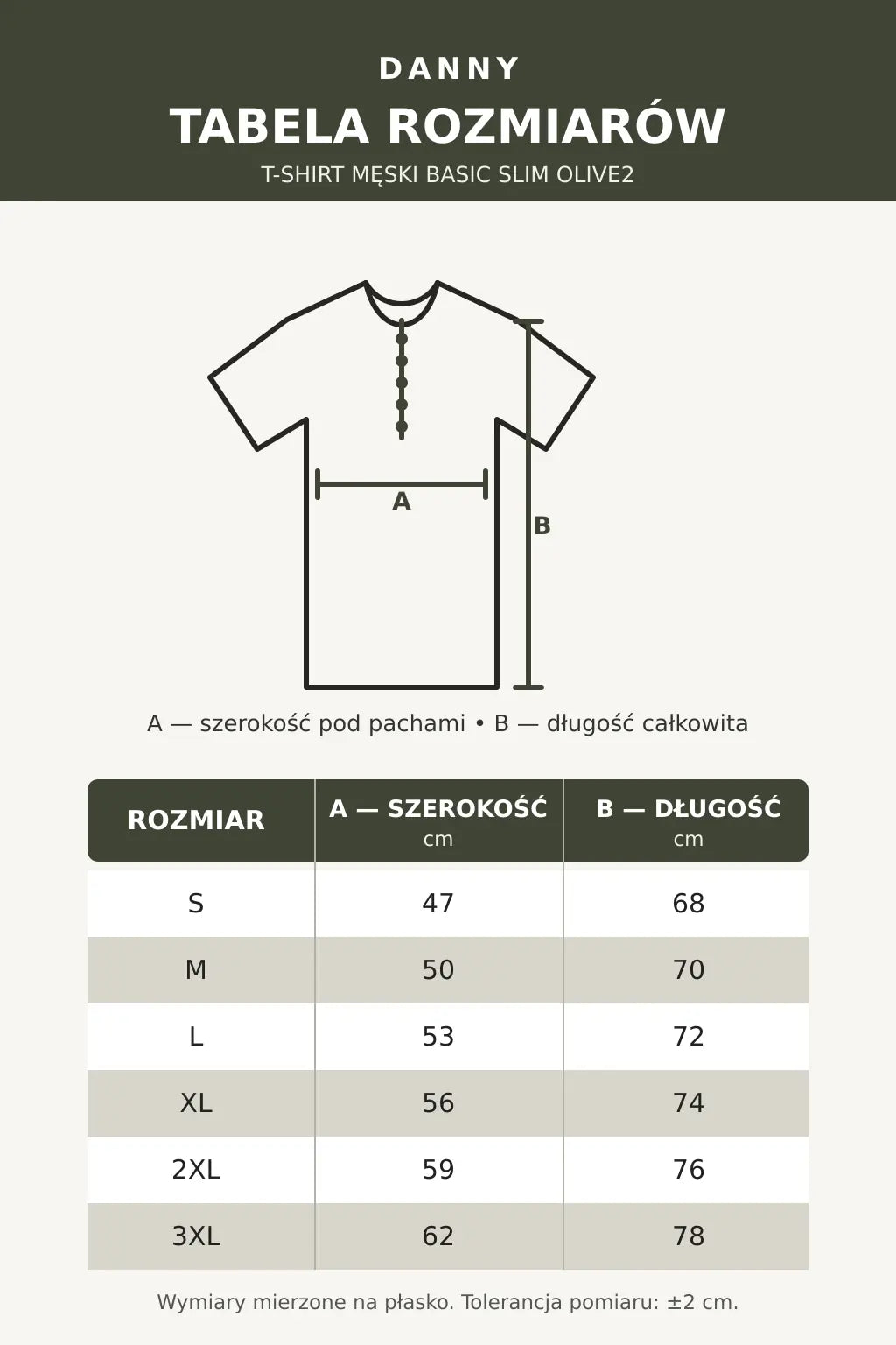Tabela rozmiarów męskiego T-shirtu Basic Slim Olive2 DANNY
