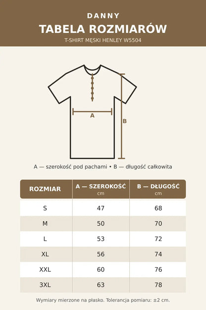 Tabela rozmiarów T-shirtu męskiego Henley W5504 DANNY