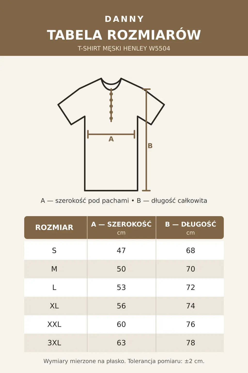 Tabela rozmiarów T-shirtu męskiego Henley W5504 DANNY S–3XL