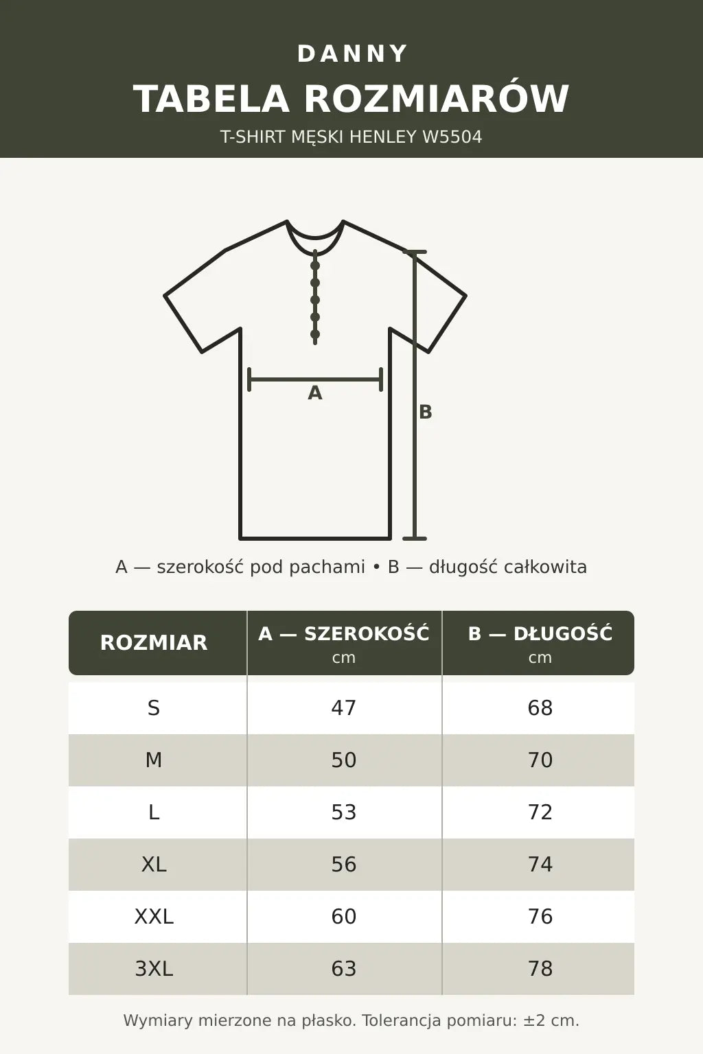 Tabela rozmiarów T-shirtu męskiego Henley W5504 DANNY