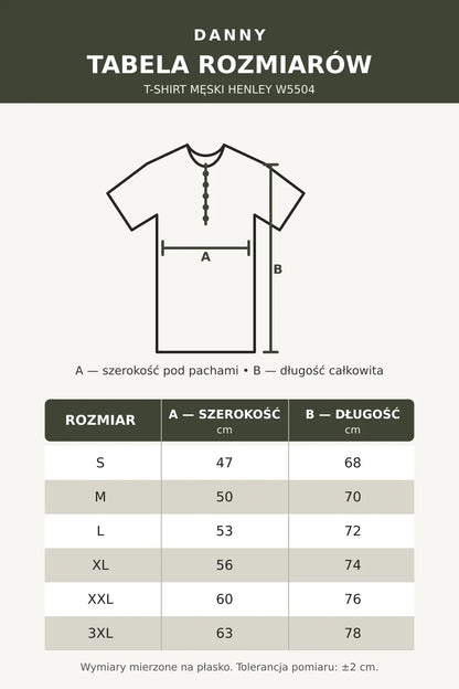 Tabela rozmiarów T-shirtu męskiego Henley W5504 DANNY