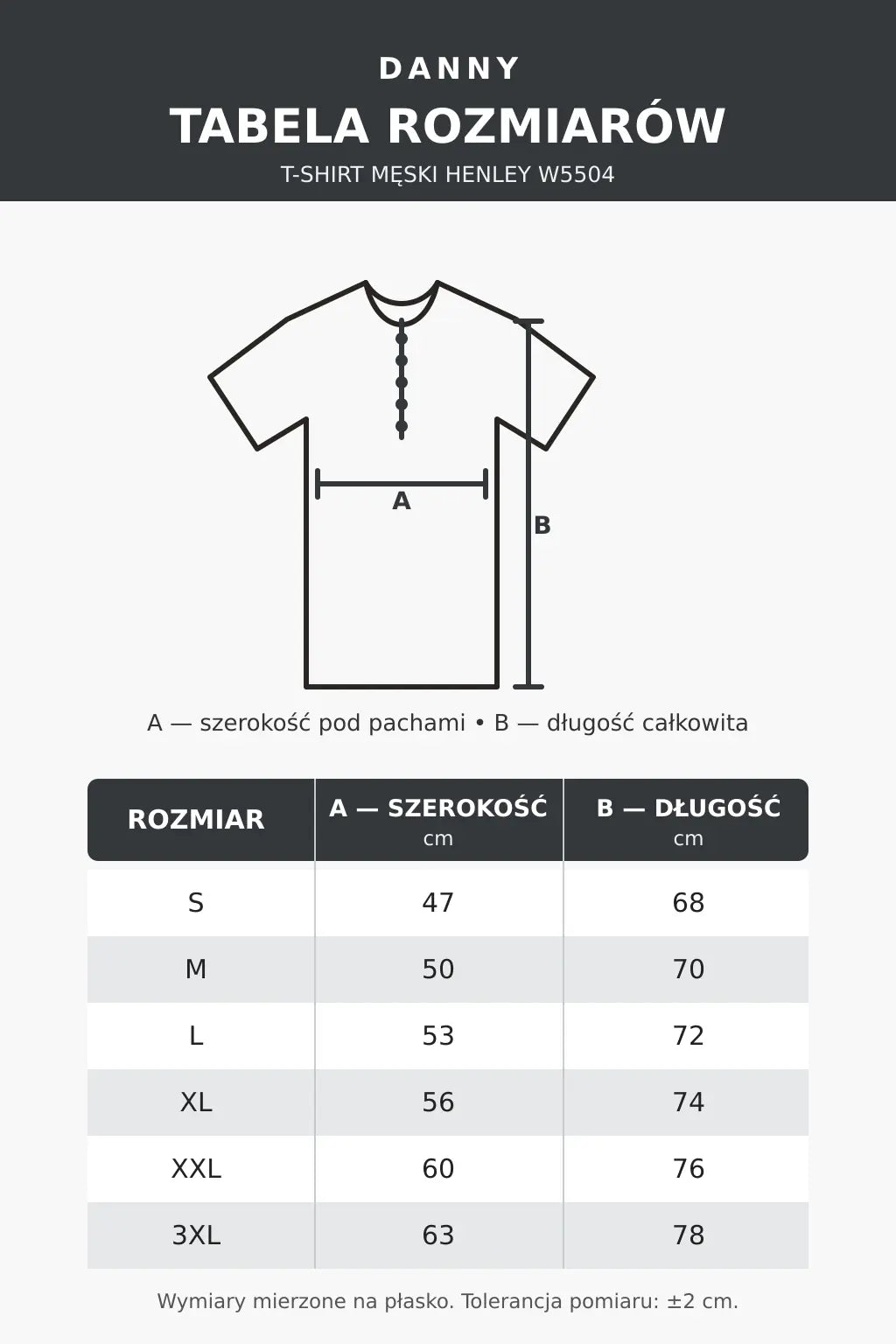 Tabela rozmiarów T-shirtu męskiego Henley W5504 DANNY