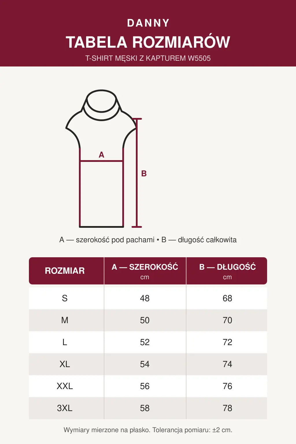 Tabela rozmiarów T-shirtu męskiego z kapturem W5505 DANNY S–3XL