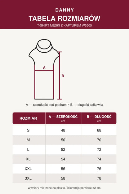Tabela rozmiarów T-shirtu męskiego z kapturem W5505 DANNY S–3XL