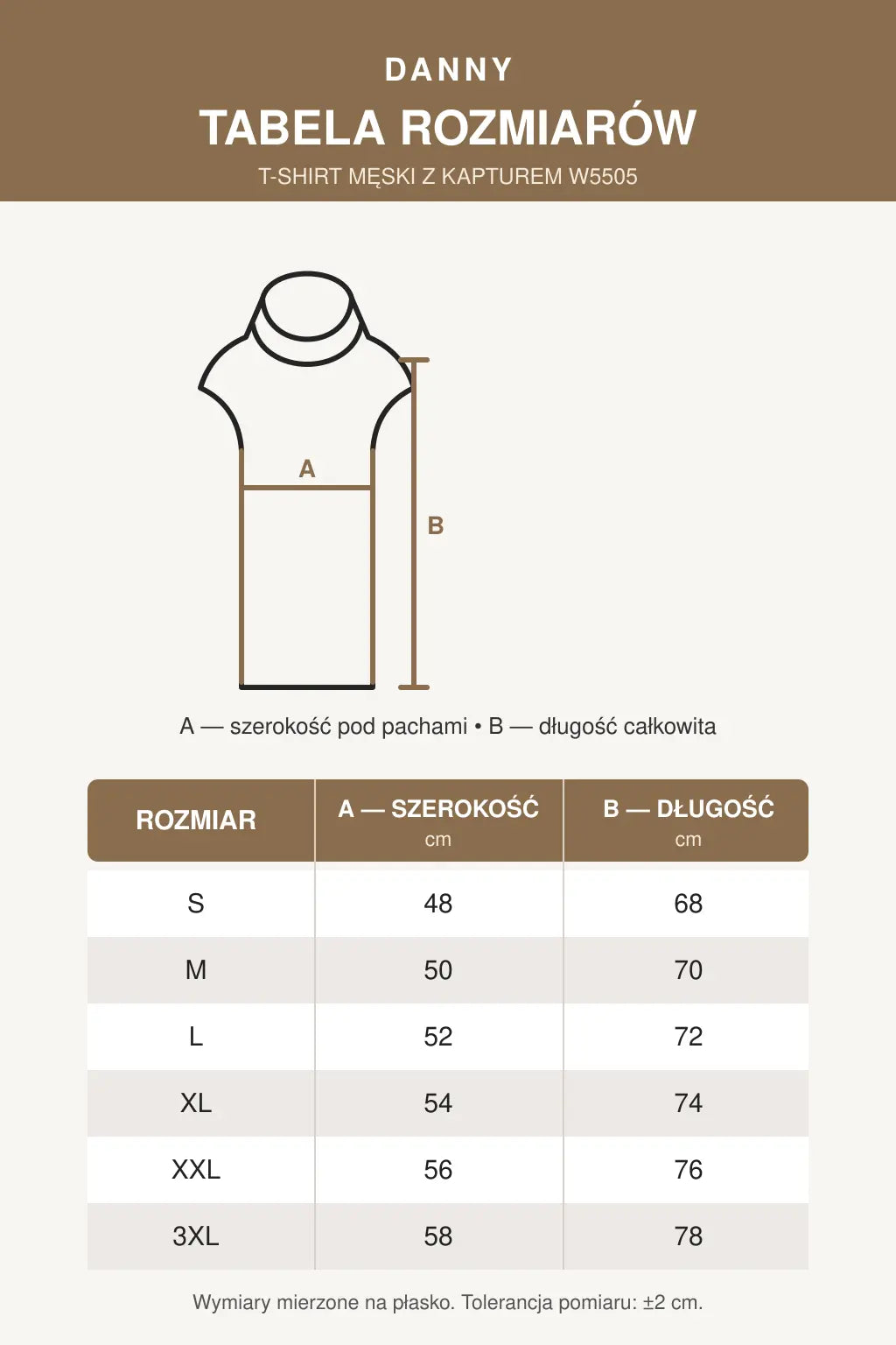 Tabela rozmiarów T-shirtu męskiego z kapturem W5505 DANNY S–3XL