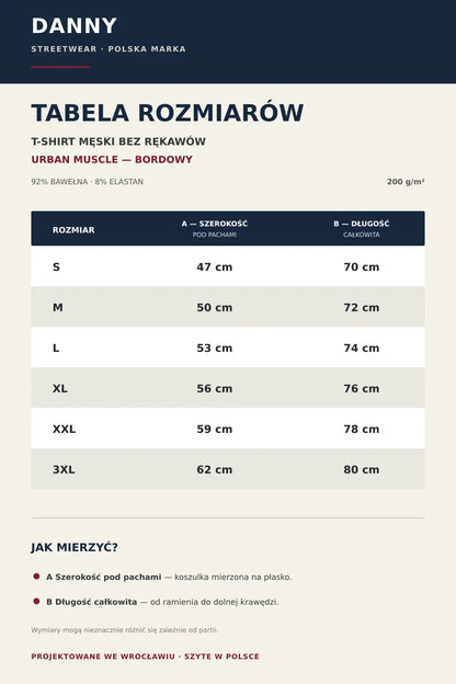 Tabela rozmiarów T-shirtu męskiego Urban Muscle bordowego S–3XL