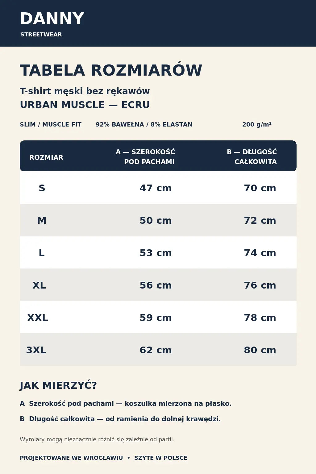 Tabela rozmiarów T-shirtu męskiego Urban Muscle ecru S–3XL