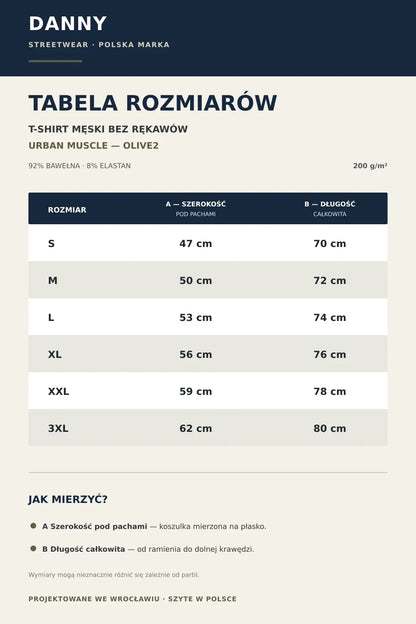 Tabela rozmiarów T-shirtu męskiego Urban Muscle Olive2 S–3XL