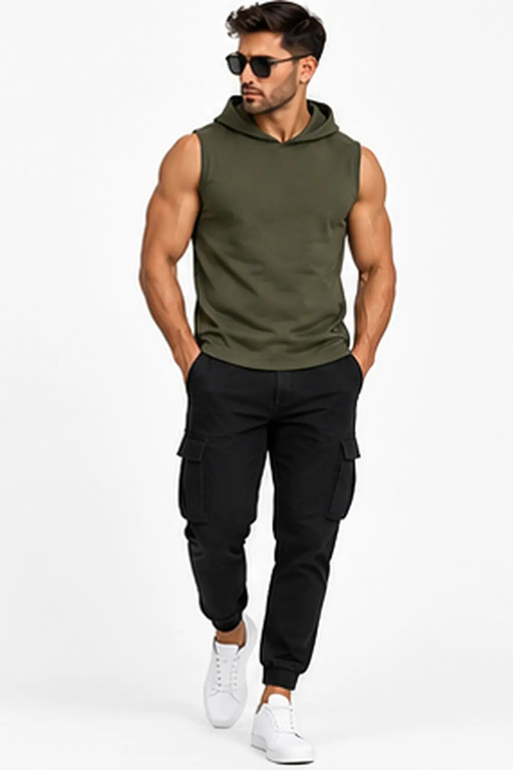 T-shirt męski bez rękawów z kapturem Olive2 DANNY – stylizacja lifestyle