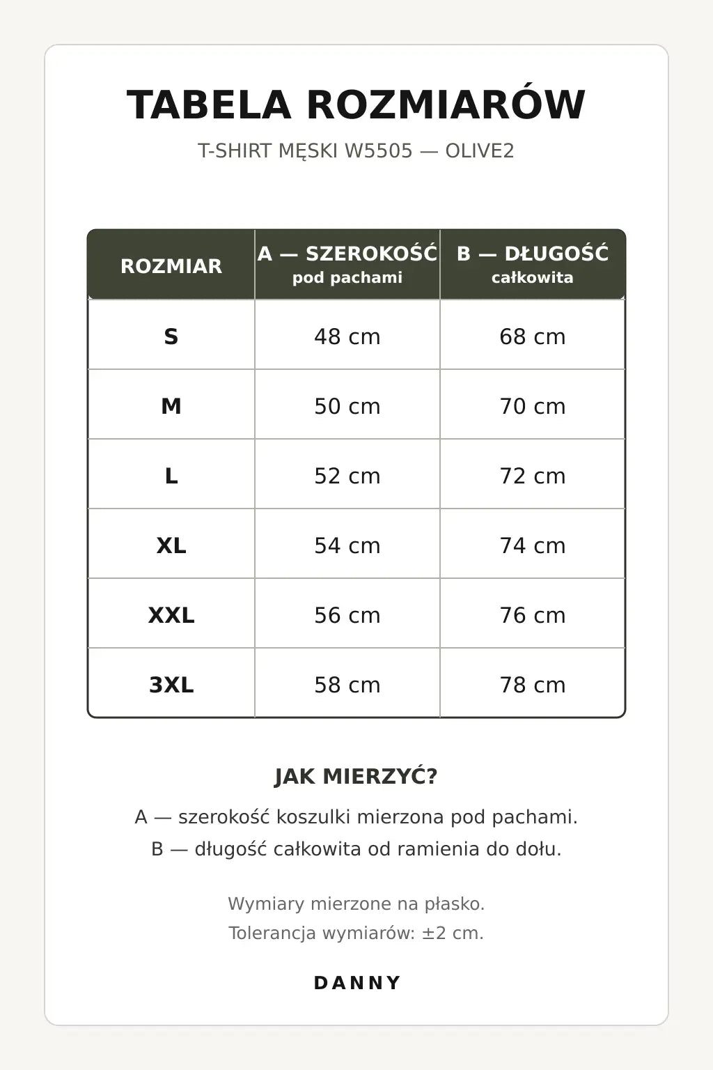 Tabela rozmiarów T-shirtu męskiego z kapturem Olive2 DANNY W5505