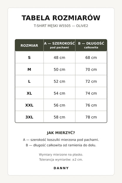 Tabela rozmiarów T-shirtu męskiego z kapturem Olive2 DANNY W5505