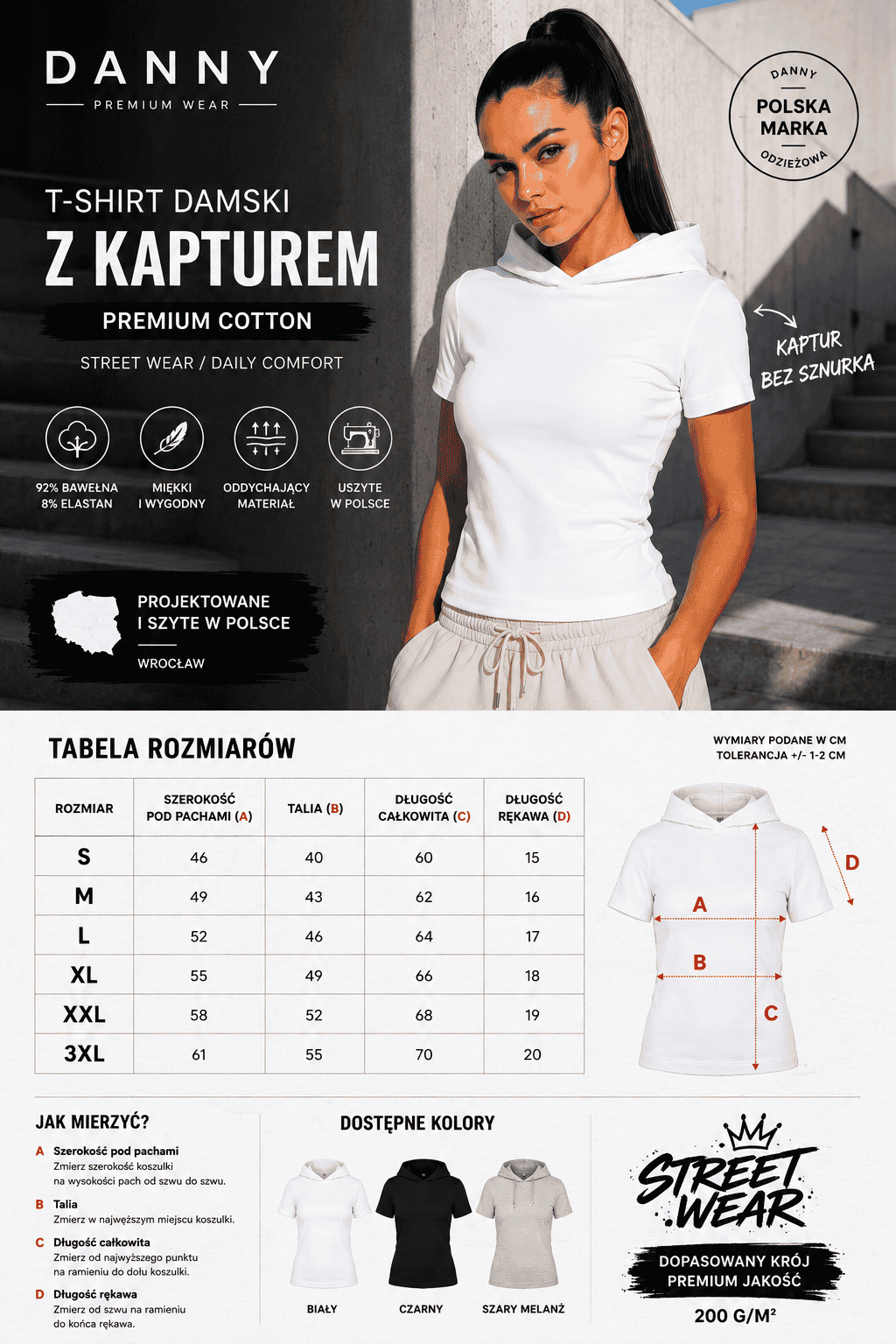 Biały damski T-shirt Slim Fit z krótkim rękawem i kapturem bez sznurka DANNY tabela