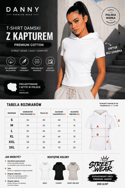 Biały damski T-shirt Slim Fit z krótkim rękawem i kapturem bez sznurka DANNY tabela