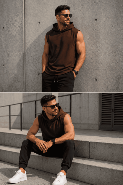 Model prezentuje brązowy T-shirt bez rękawów z kapturem DANNY street