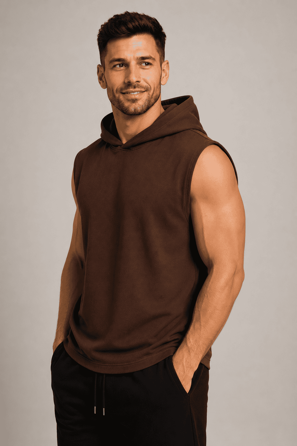 Model prezentuje brązowy T-shirt bez rękawów z kapturem DANNY na jasnym tle.