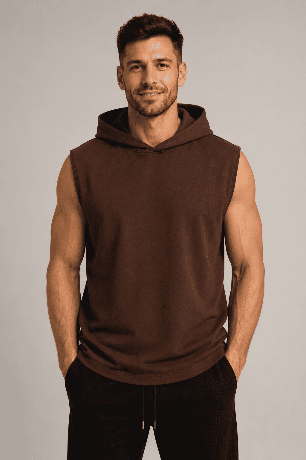 Model prezentuje brązowy T-shirt bez rękawów z kapturem DANNY na jasnym tle. przod