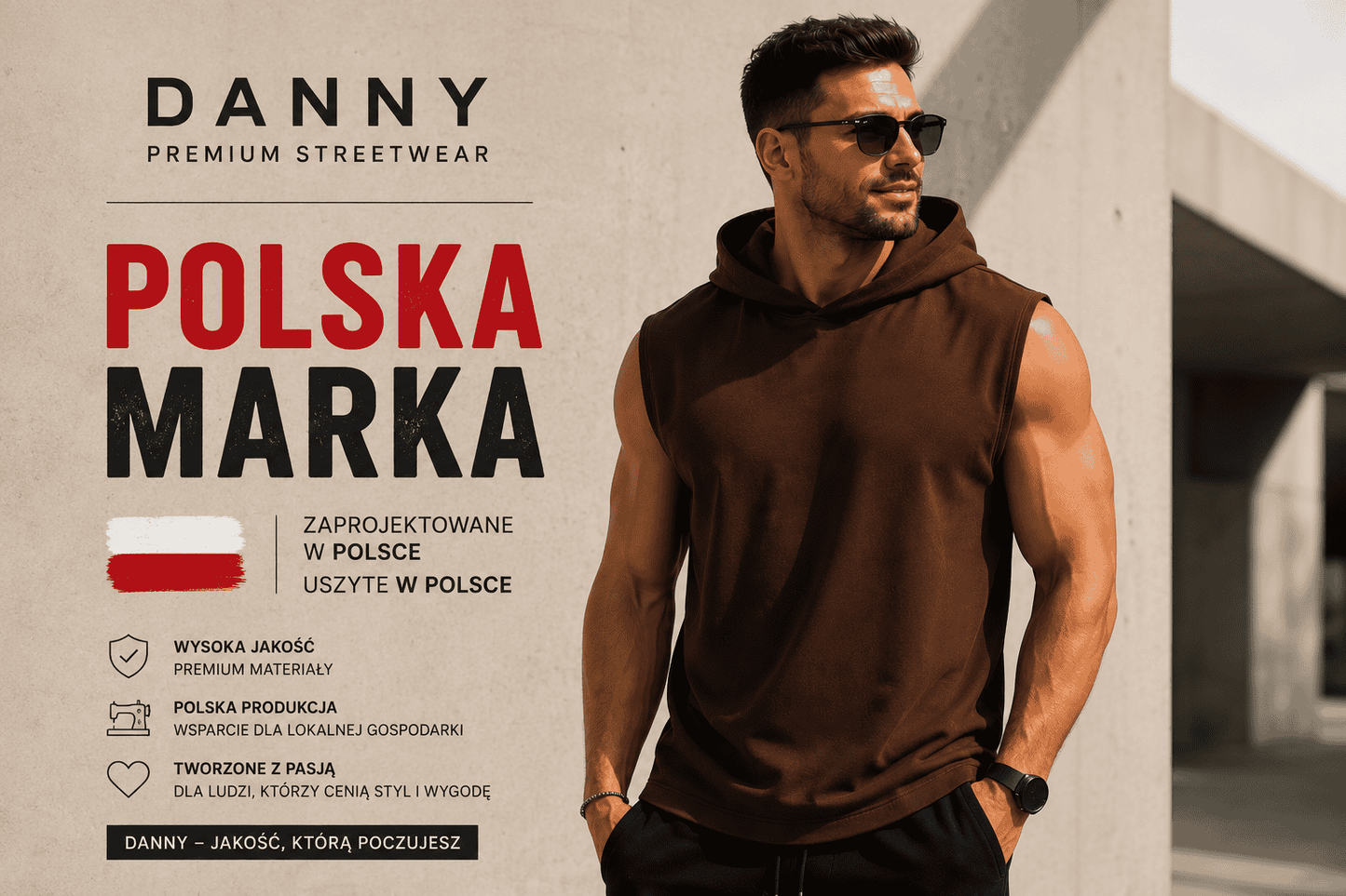 Model prezentuje brązowy T-shirt bez rękawów z kapturem DANNY polska marka