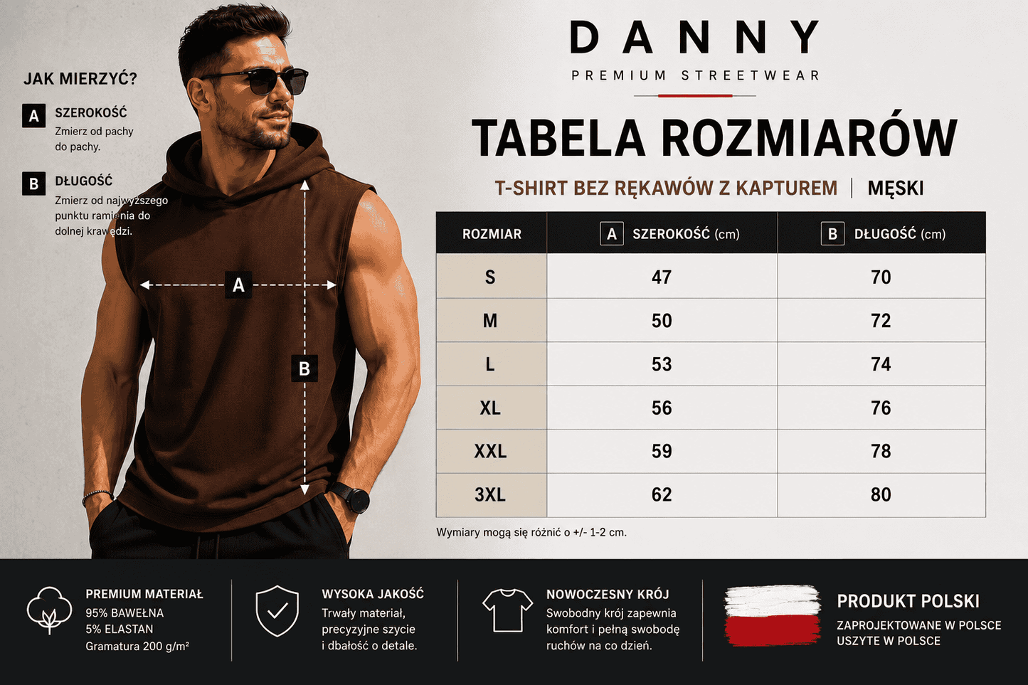 Model prezentuje brązowy T-shirt bez rękawów z kapturem DANNY tabela