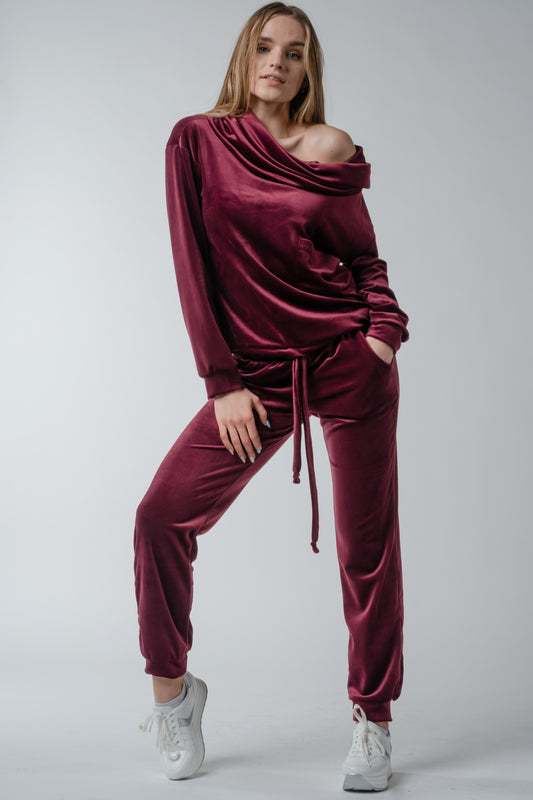Dres welurowy damski komplet bluza opuszczany na ramionach + spodnie bordowy S54
