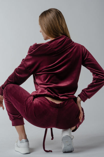 Dres welurowy damski komplet bluza opuszczany na ramionach + spodnie bordowy S54