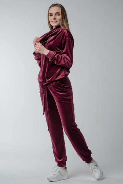 Dres welurowy damski komplet bluza opuszczany na ramionach + spodnie bordowy S54