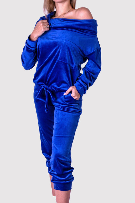 Dres welurowy damski komplet bluza opuszczany na ramionach + spodnie chabrowy S54