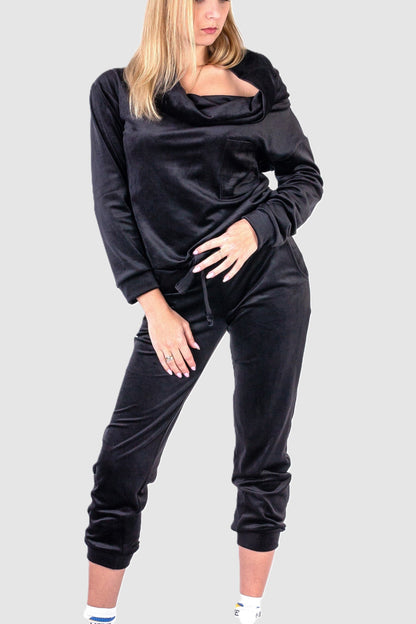 Dres welurowy damski komplet bluza opuszczany na ramionach + spodnie czarny S54