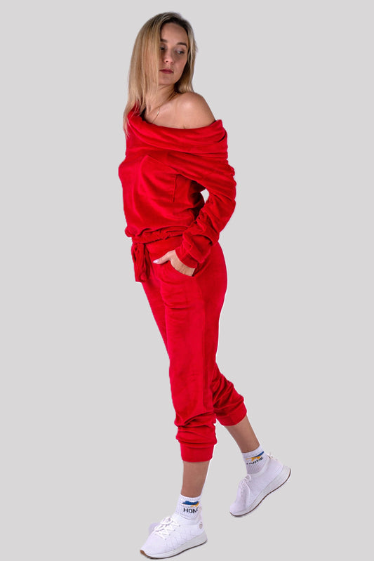 Dres welurowy damski komplet bluza opuszczany na ramionach + spodnie czerwony S54