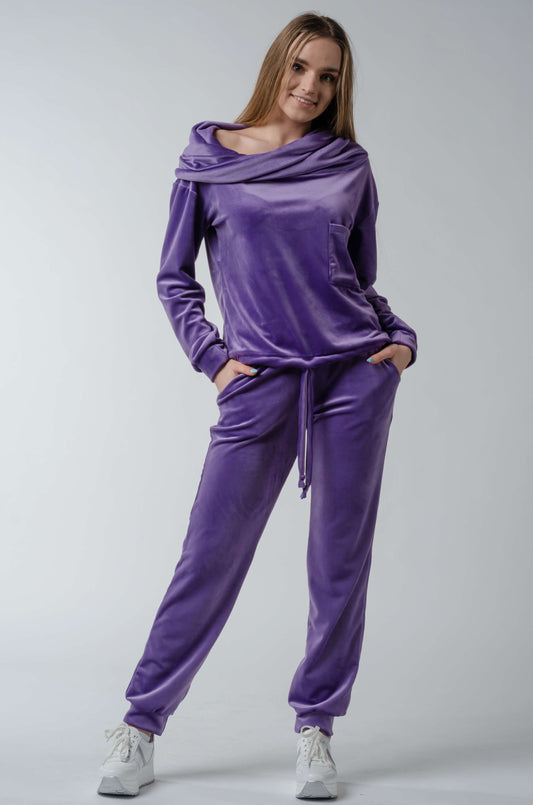 Dres welurowy damski komplet bluza opuszczany na ramionach + spodnie liliowy S54