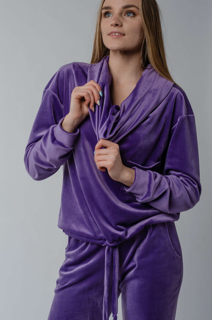 Dres welurowy damski komplet bluza opuszczany na ramionach + spodnie liliowy S54