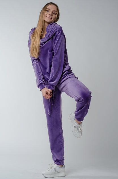 Dres welurowy damski komplet bluza opuszczany na ramionach + spodnie liliowy S54