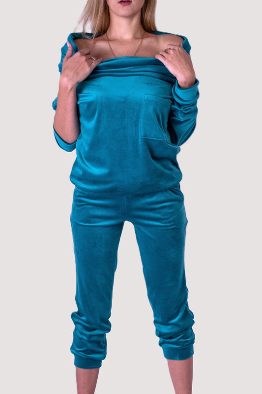 Dres welurowy damski komplet bluza opuszczany na ramionach + spodnie niebeski S54