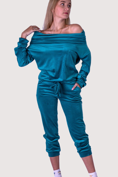 Dres welurowy damski komplet bluza opuszczany na ramionach + spodnie niebeski S54