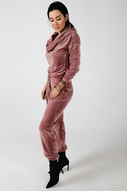 Dres welurowy damski komplet bluza opuszczany na ramionach + spodnie różowy S54