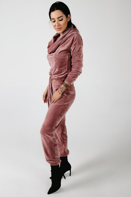 Dres welurowy damski komplet bluza opuszczany na ramionach + spodnie różowy S54