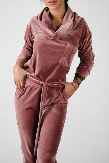 Dres welurowy damski komplet bluza opuszczany na ramionach + spodnie różowy S54