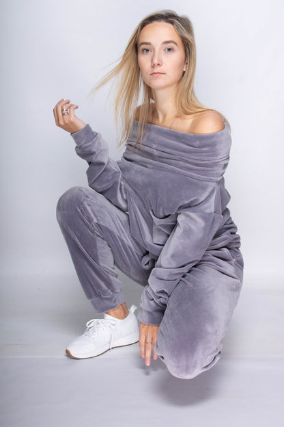 Dres welurowy damski komplet bluza opuszczany na ramionach + spodnie szary S54