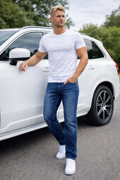 Jeansy męskie OWIEDO– luźny krój, prosta nogawka, granatowe ATRAKT SP Z O O