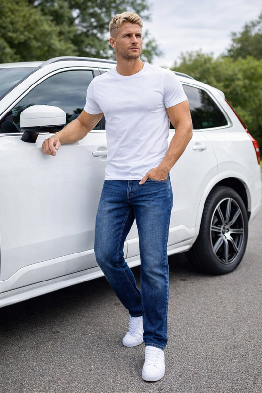 Jeansy męskie OWIEDO– luźny krój, prosta nogawka, granatowe ATRAKT SP Z O O