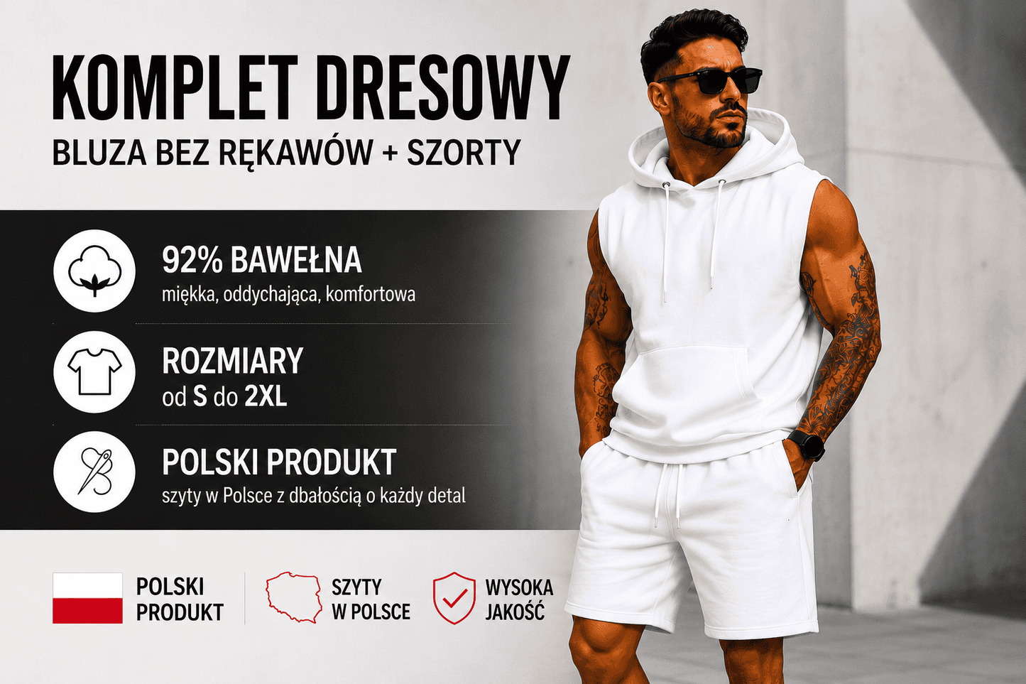 Komplet dresowy biały bluza bez rękawów i szorty DANNY baner