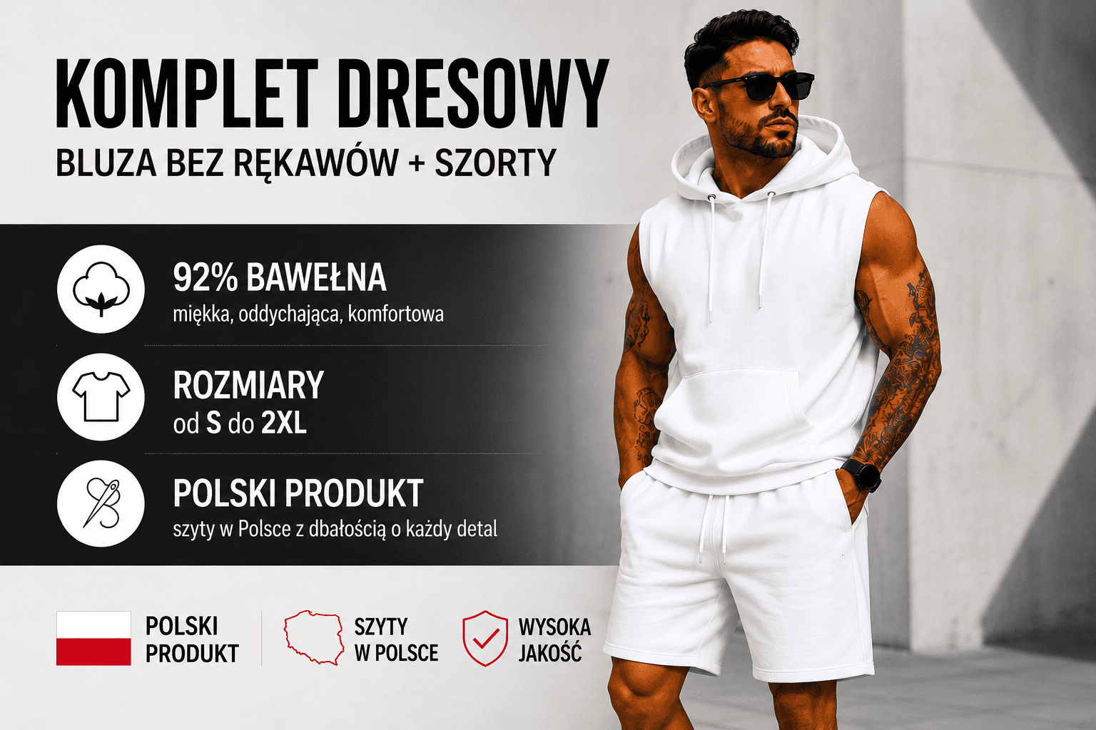 Komplet dresowy biały bluza bez rękawów i szorty DANNY baner