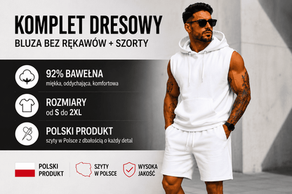 Komplet dresowy biały bluza bez rękawów i szorty DANNY baner