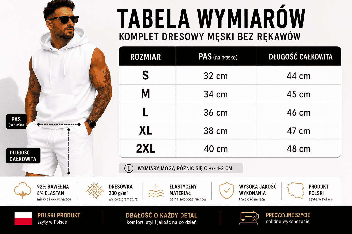 Komplet dresowy biały bluza bez rękawów i szorty DANNY tabla
