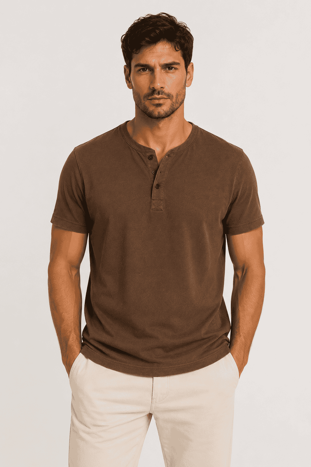 T-shirt henley brązowy front 