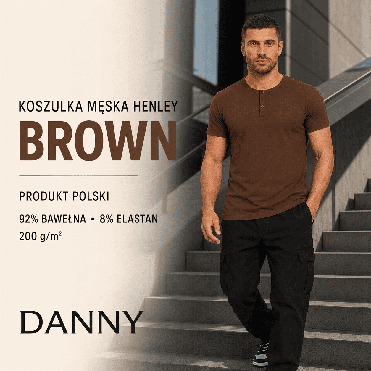 T-shirt henley brązowy baner
